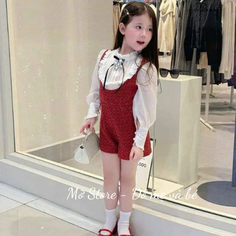Set yếm dạ kim tuyến kèm áo sơ mi nơ phối tay voan điệu đà xinh xắn cho bé gái mặc TẾT noel