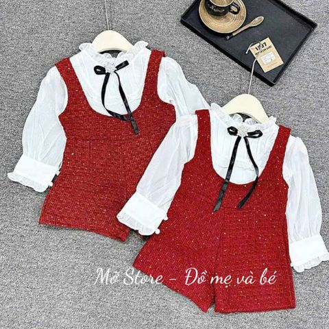 Set yếm dạ kim tuyến kèm áo sơ mi nơ phối tay voan điệu đà xinh xắn cho bé gái mặc TẾT noel