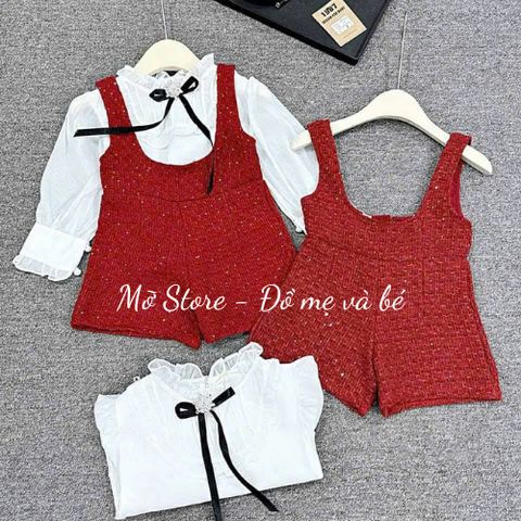 Set yếm dạ kim tuyến kèm áo sơ mi nơ phối tay voan điệu đà xinh xắn cho bé gái mặc TẾT noel