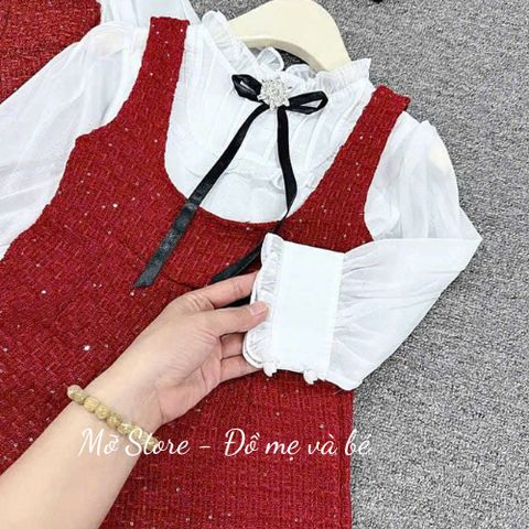 Set yếm dạ kim tuyến kèm áo sơ mi nơ phối tay voan điệu đà xinh xắn cho bé gái mặc TẾT noel