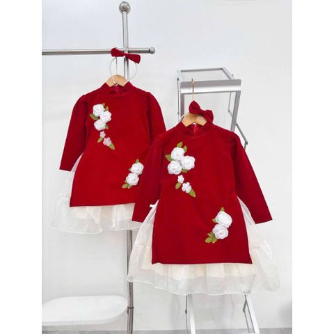 Set áo dài cách tân nhung đính hoa kèm chân váy và bờm nơ xinh xắn điệu đà mặc đi chơi Tết cho bé gái 12-20kg
