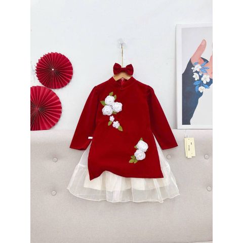 Set áo dài cách tân nhung đính hoa kèm chân váy và bờm nơ xinh xắn điệu đà mặc đi chơi Tết cho bé gái 12-20kg