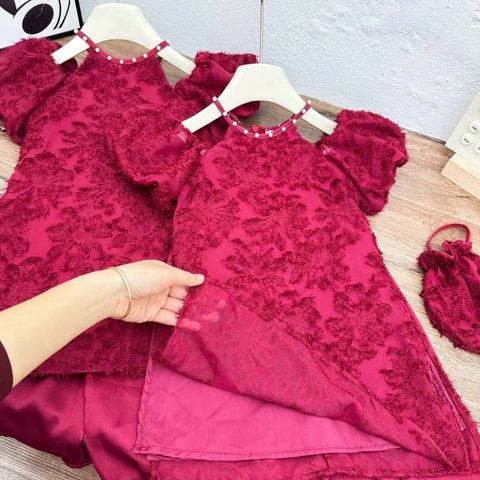 Áo dài cách tân ren kèm túi hở vai xinh xắn dễ thương cho bé gái mặc đi chơi Tết 10-30kg kèm ảnh thật