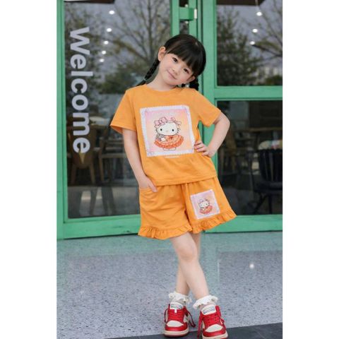 Bộ thun cotton hello kitty bèo cam xinh xắn dễ thương mùa hè mát mẻ thoáng khí cho bé gái