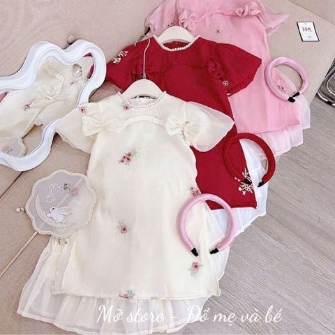 Set áo dài cách tân đính nơ thêu hoa tay bom xinh xắn điệu đà dễ thương cho bé gái mặc TẾT kèm chân váy và vấn 10-30kg