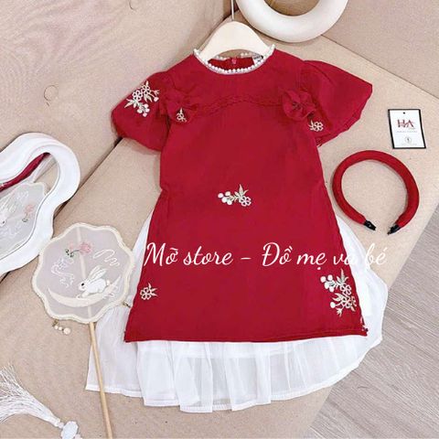 Set áo dài cách tân đính nơ thêu hoa tay bom xinh xắn điệu đà dễ thương cho bé gái mặc TẾT kèm chân váy và vấn 10-30kg