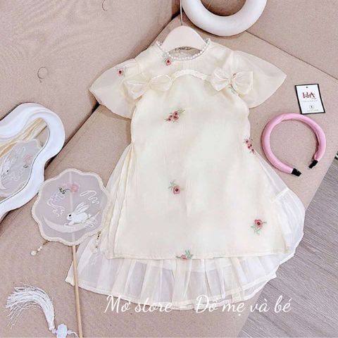 Set áo dài cách tân đính nơ thêu hoa tay bom xinh xắn điệu đà dễ thương cho bé gái mặc TẾT kèm chân váy và vấn 10-30kg