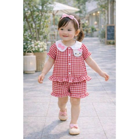 Set bộ đũi kẻ mèo con hello kitty bé gái mát mẻ xinh xắn dễ thương mùa hè phong cách hàn quốc kèm ảnh thật