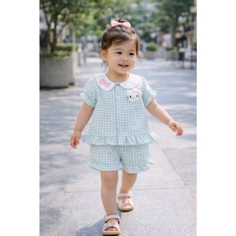 Set bộ đũi kẻ mèo con hello kitty bé gái mát mẻ xinh xắn dễ thương mùa hè phong cách hàn quốc kèm ảnh thật