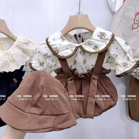 Set bodysuit hoa nhí đũi kèm mũ phong cách vintage hàn quốc xinh xắn điệu đà mát mẻ mùa hè cho bé gái 5-11kg