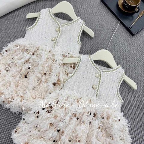 Set váy dạ hai lớp chạy viền phối lông kim tuyến điệu đà xinh xắn cho bé gái TẾT noel thu đông