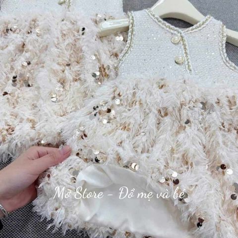 Set váy dạ hai lớp chạy viền phối lông kim tuyến điệu đà xinh xắn cho bé gái TẾT noel thu đông