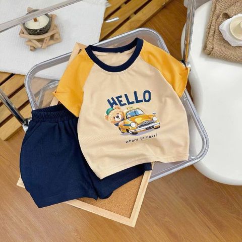 Set bộ áo thun gấu tay pha kèm quần short kaki cho bé trai dễ thương đáng yêu mùa hè