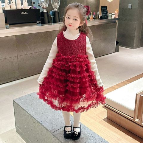 Hàng QCCC Set váy voan kèm áo len và nơ xinh xắn công chúa dễ thương cho bé gái thu đông mặc đi chơi Tết noel