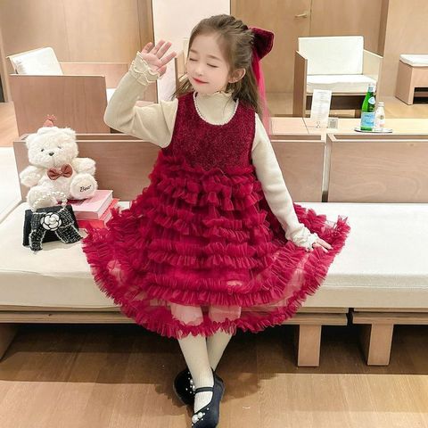 Hàng QCCC Set váy voan kèm áo len và nơ xinh xắn công chúa dễ thương cho bé gái thu đông mặc đi chơi Tết noel