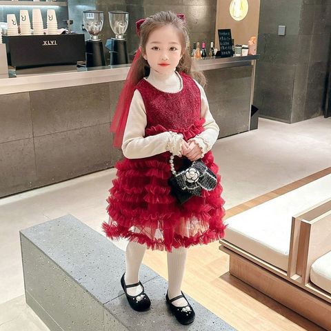 Hàng QCCC Set váy voan kèm áo len và nơ xinh xắn công chúa dễ thương cho bé gái thu đông mặc đi chơi Tết noel