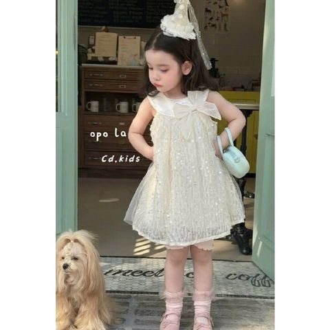 Hàng QC - Váy yếm kim sa đính nơ xinh xắn dễ thương lấp lánh công chúa bồng xòe phong cách hàn quốc mùa hè cho bé gái