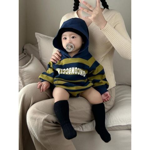 Hàng QC - Bodysuit nỉ kẻ unconsccivi có mũ ấm áp dày dặn phong cách hàn quốc cho bé mùa đông