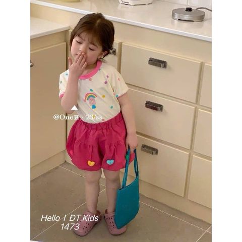 Set áo thun cotton chấm bi cầu vồng kèm váy bí bồng đính tim xinh xắn dễ thương mùa hè phong cách hàn quốc cho bé gái