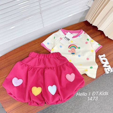 Set áo thun cotton chấm bi cầu vồng kèm váy bí bồng đính tim xinh xắn dễ thương mùa hè phong cách hàn quốc cho bé gái
