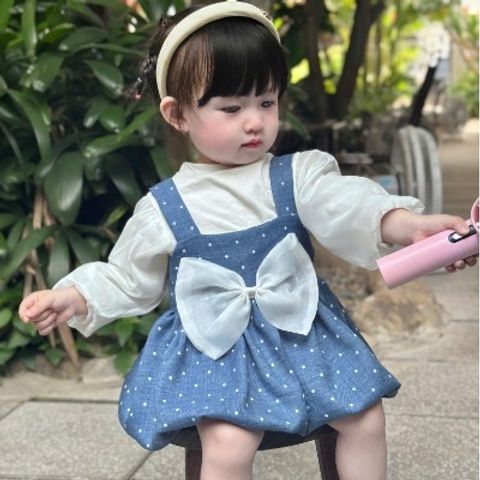 Set váy yếm chấm bi nơ kèm áo len tăm tay bồng xinh xắn điệu đà cho bé gái mặc đi chơi 10-30kg kèm ảnh thật