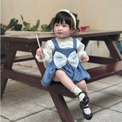 Set váy yếm chấm bi nơ kèm áo len tăm tay bồng xinh xắn điệu đà cho bé gái mặc đi chơi 10-30kg kèm ảnh thật