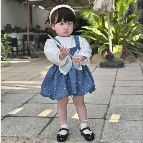 Set váy yếm chấm bi nơ kèm áo len tăm tay bồng xinh xắn điệu đà cho bé gái mặc đi chơi 10-30kg kèm ảnh thật