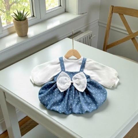 Set váy yếm chấm bi nơ kèm áo len tăm tay bồng xinh xắn điệu đà cho bé gái mặc đi chơi 10-30kg kèm ảnh thật