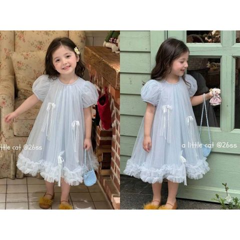 Hàng QC - Váy voan công chúa tay bồng dáng xòe đính nơ điệu đà xinh xắn dễ thương phong cách hàn quốc mùa hè cho bé gái