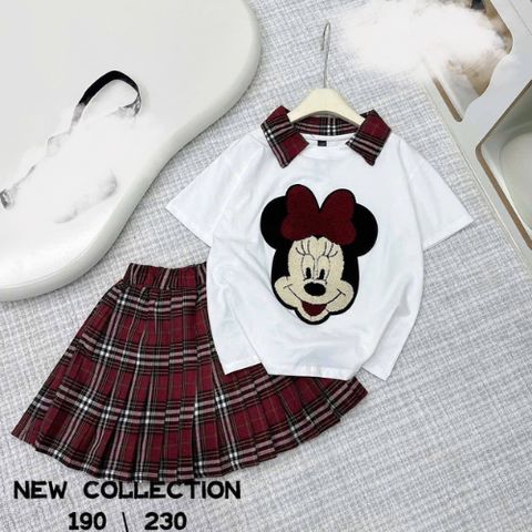 Set váy áo micky kẻ thêu cute đáng yêu mùa hè xinh xắn cho bé gái 30-40kg