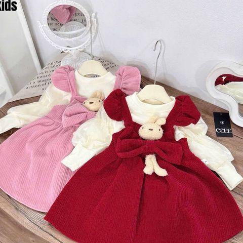 Váy nhung gấu kèm áo len tay bồng ấm áp xinh xắn điệu đà cho bé gái mặc đi chơi Tết noel 9-22kg
