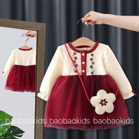 Váy hoa bé gái kèm túi thu đông xinh xắn dễ thương mặc đi chơi Tết 10-30kg kèm ảnh thật
