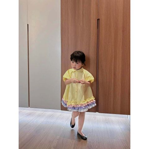 Hàng QC - Váy sơ mi tay bồng cầu vồng bèo xinh xắn dáng xòe dễ thương vintage hàn quốc mùa hè cho bé gái mặc đi chơi