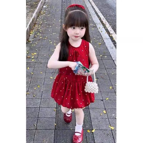 Váy đũi chấm bi đỏ kèm dây chun buộc tóc xinh xắn dễ thương mát mẻ thoáng khí hàn quốc mùa hè cho bé gái 8-18kg