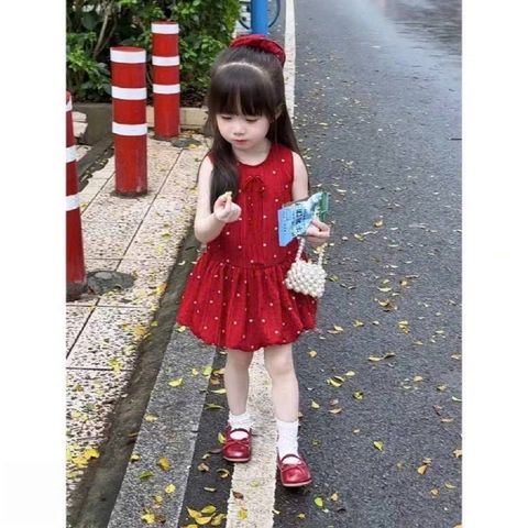 Váy đũi chấm bi đỏ kèm dây chun buộc tóc xinh xắn dễ thương mát mẻ thoáng khí hàn quốc mùa hè cho bé gái 8-18kg
