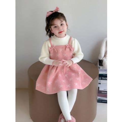 Hàng QC - Váy len dài tay cho bé gái họa tiết nơ ấm áp dày dặn xinh xắn dễ thương mùa đông phong cách vintage hàn quốc