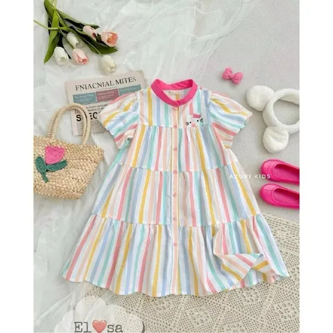 Váy cầu vồng hello kitty tay bồng dáng xòe phong cách hàn quốc mùa hè xinh xắn dễ thương cho bé gái