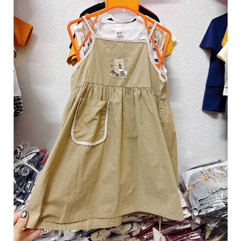 Váy thô hai dây buộc nơ vai gấu xinh cute đáng yêu QC vintage hàn quốc cho bé gái mùa hè kèm ảnh thật