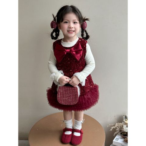 Hàng QC Váy đầm bé gái dạ phối voan bồng nơ tiểu thư công chúa xinh xắn dễ thương điệu đà mặc đi chơi noel Tết  mùa đông
