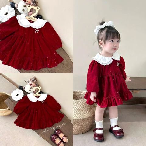 Váy nhung dài tay đỏ kim sa dáng xòe cổ ren bèo kèm nơ xinh xắn dễ thương ấm áp mặc đi chơi noel Tết mùa đông bé gái