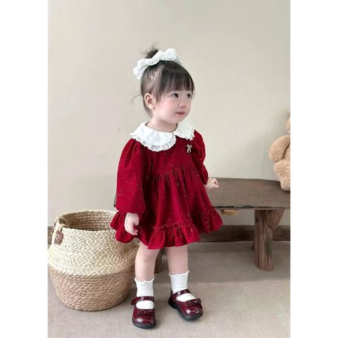 Váy nhung dài tay đỏ kim sa dáng xòe cổ ren bèo kèm nơ xinh xắn dễ thương ấm áp mặc đi chơi noel Tết mùa đông bé gái