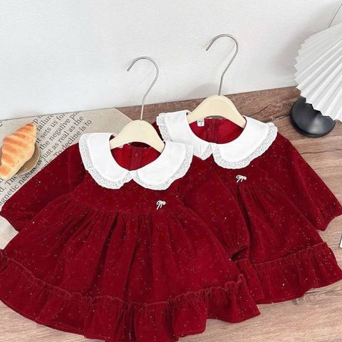 Váy nhung dài tay đỏ kim sa dáng xòe cổ ren bèo kèm nơ xinh xắn dễ thương ấm áp mặc đi chơi noel Tết mùa đông bé gái