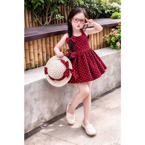 Váy hai dây buộc nơ chấm bi dáng bí bồng xinh xắn dễ thương kèm mũ cho bé gái mùa hè mặc đi chơi đi biển 8-20kg