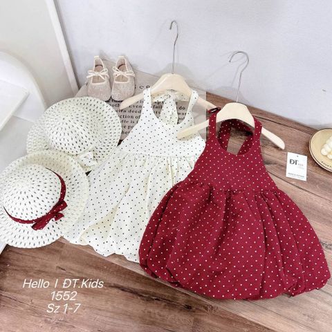 Váy hai dây buộc nơ chấm bi dáng bí bồng xinh xắn dễ thương kèm mũ cho bé gái mùa hè mặc đi chơi đi biển 8-20kg