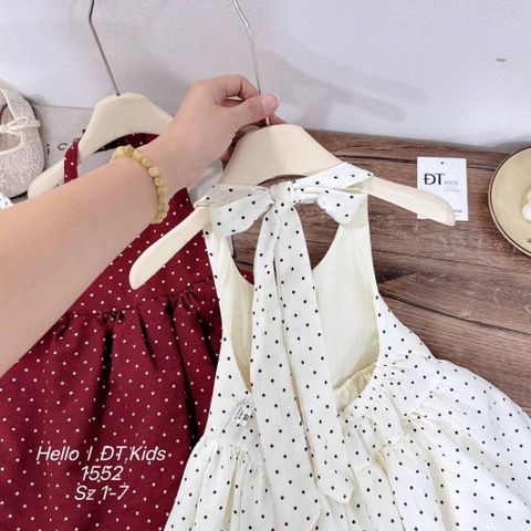 Váy hai dây buộc nơ chấm bi dáng bí bồng xinh xắn dễ thương kèm mũ cho bé gái mùa hè mặc đi chơi đi biển 8-20kg