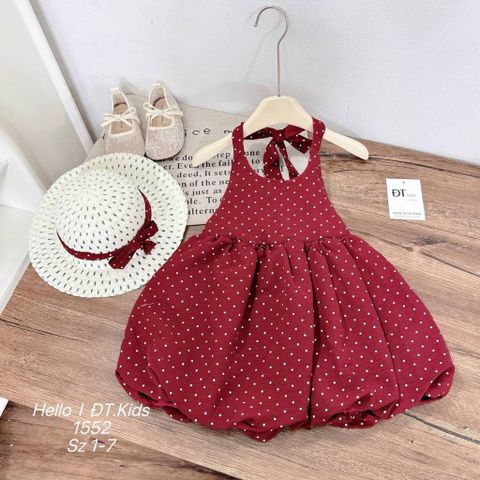 Váy hai dây buộc nơ chấm bi dáng bí bồng xinh xắn dễ thương kèm mũ cho bé gái mùa hè mặc đi chơi đi biển 8-20kg
