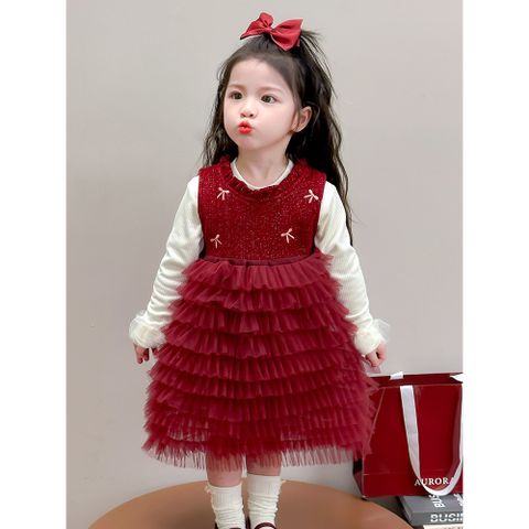 Hàng QC - Váy đầm công chúa bé gái đỏ đính nơ voan tầng tiểu thư kèm áo len ấm áp mùa đông mặc đi chơi noel Tết hot hit