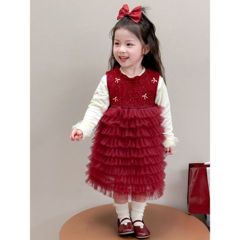 Hàng QC - Váy đầm công chúa bé gái đỏ đính nơ voan tầng tiểu thư kèm áo len ấm áp mùa đông mặc đi chơi noel Tết hot hit