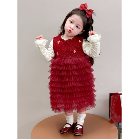 Hàng QC - Váy đầm công chúa bé gái đỏ đính nơ voan tầng tiểu thư kèm áo len ấm áp mùa đông mặc đi chơi noel Tết hot hit