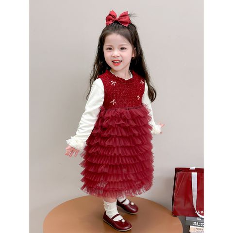 Hàng QC - Váy đầm công chúa bé gái đỏ đính nơ voan tầng tiểu thư kèm áo len ấm áp mùa đông mặc đi chơi noel Tết hot hit